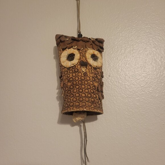 Studio Art Pottery Hanging Owl Wind Chime Decor Brown Garden Home Boho 7" high - Picture 7 of 11